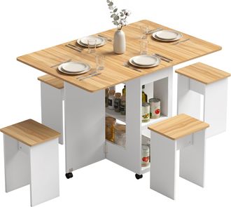 HOMCOM Homcom Conjunto Mesa Y 4 Sillas De Comedor, Mesa De Comedor Plegable Con Taburetes Ocultos, 2 Alas Abatibles, Ruedas, Estantes, Roble