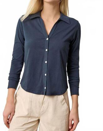 Lilla P Split Neck Button Down Shirt In Navy