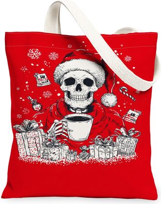 Generic Christmas Skull Canvas Tote Bags, Holiday Skeleton Design Reusable Grocery Bags, Vintage Artistic Lightweight Washable Shou, Red, 13x15 Inch