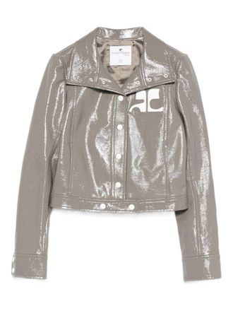 Courr&egrave;ges Cropped Grey Jacket with Glossy Patent Finish and Bold Logo