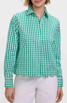 Foxcroft Scarlett Gingham Scallop Hem Button-Up Shirt in Green/White at Nordstrom, Size X-Large P