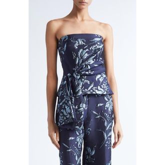 Lela Rose Metallic Floral Brocade Strapless Cascade Top in Navy at Nordstrom, Size 14