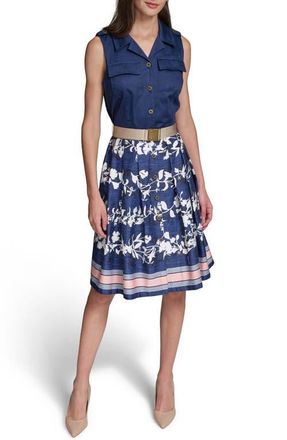 Karl Lagerfeld Mixed Media Belted Shirtdress in Midnight Navy/Soft White at Nordstrom, Size 14