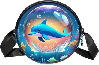 Generic Circle Crossbody Bag for Women, Dolphin Crystal Ball Small Sling Bag Daypack with Zipper Adjustable Shoulder Straps Casual Ladies Girls Round Purse