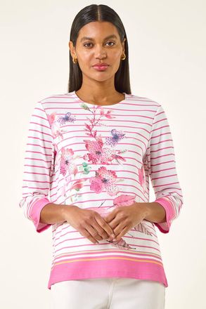 Roman Stripe Floral Print Stretch Top