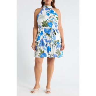 Sugarlips Zurie Siana Floral Halter Dress in White/Blue/Green at Nordstrom, Size 3 X