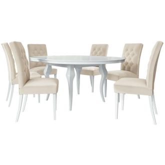 Mirjan24 Conjunto De Mesas Y Sillas Para Comedor Racine 138, Blanco Brillante + Magic Velvet 2250, 76x0x0cm, Di&aacute;metro: 120, N&uacute;mero De Asientos: 6, Estilo: Cont