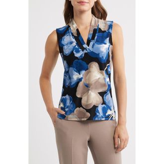 Anne Klein Triple Pleat Floral Sleeveless Top in Anne Black/dutch Blue Multi at Nordstrom, Size Xx-Small