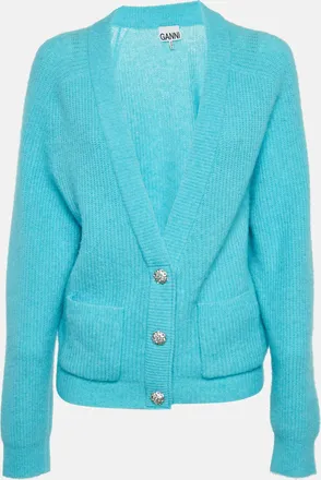 Ganni Ganni Sky Blue Rib Knit Embellished Cardigan