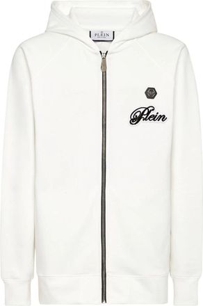 Philipp Plein Hooded Sweatjacket Signature - Heren - Vesten met rits - Wit - 4XL - Katoen - Hoodies & sweatvesten