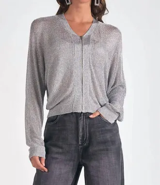 Elan Womens Metallic Zip Up Cardigan In Silver