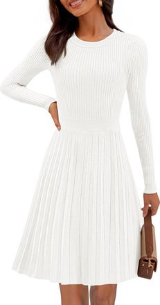 Merokeety Womens 2025 Long Sleeve Mini Sweater Dress Crewneck Ribbed Knit A Line Pleated Swing Short Dresses, White, L