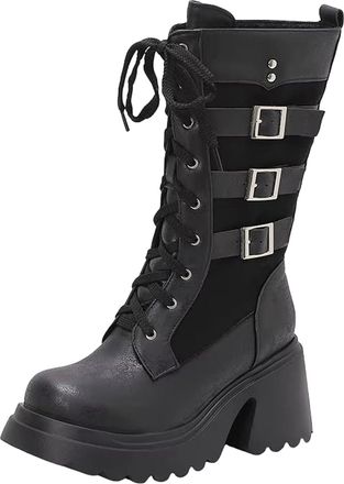 Generic Womens Modern Mid Calf Boots Square Toe Super High Block Heel Platform With Lace-Up Closure And Belt Buckle