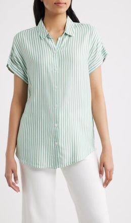 Beach Lunch Lounge Kenzie Stripe Short Sleeve Button-Up Shirt in Green Sage at Nordstrom, Size X-Small