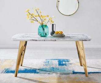 Furniturebox Andria White Marble Effect Rectangular 6-Seater Dining Table in Gold