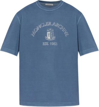 Moncler Logo Print Katoenen T-shirt - Heren - T-shirts - Blauw - XL - Katoen - Tops