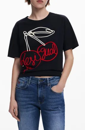 Desigual Cherry Rope Embellished Cotton Graphic T-Shirt in Black at Nordstrom, Size X-Large