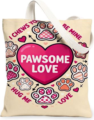 Generic Cute Paw Print Canvas Tote Bags, Adorable Animal Pattern Reusable Grocery Bags, Lightweight Washable Shoulder Strap Canvas, Beige, 13x15 Inch