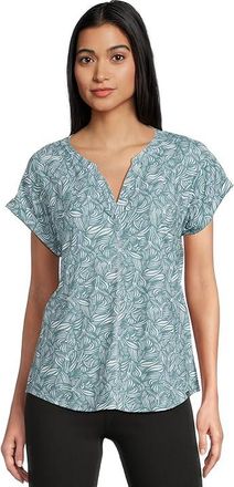 L.L.Bean Streamside T-Shirts Split-Neck Short Sleeve Womens Clothing Storm Teal Botanical : SM, Spandex/Polyester
