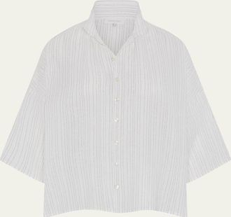 Eskandar Sloped Shoulder Wide A-Line Pleated Collar Short Sleeve Shirt - Mid Length