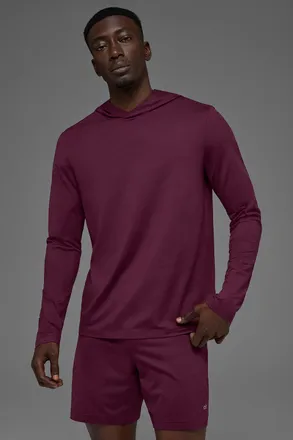 Alo | Conquer Reform Long Sleeve With Hood Top in Burgundy Red, Size: 2XL