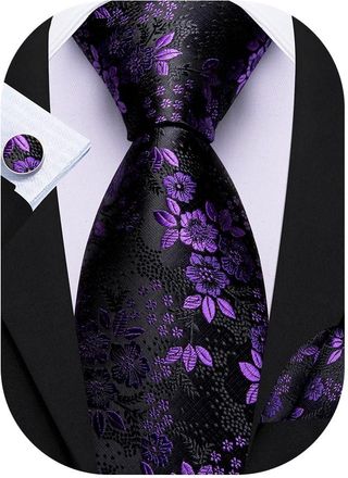 Barry.Wang Mens Floral Ties Set Silk 63inch Purple Necktie Handkerchief Cufflinks for Formal Wedding Business