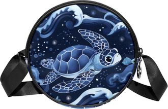 Generic Circle Crossbody Bag for Women, Sea Turtle Blue Wave Small Sling Bag Daypack with Zipper Adjustable Shoulder Straps Casual Ladies Girls Round Purse