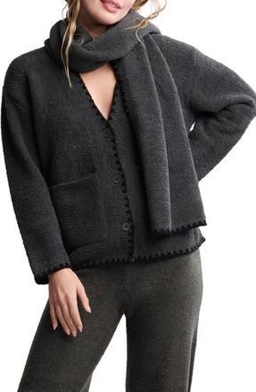 Barefoot Dreams CozyChic Blanket Stitch Cardigan with Detachable Scarf in Dark Moss at Nordstrom, Size X-Small
