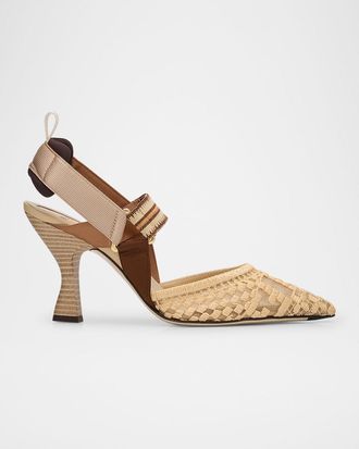 Fendi Colibri Raffia FF Sporty Slingback Pumps