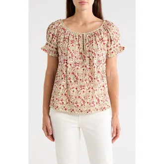 Max Studio Split Neck Ruffle Sleeve Top in Cream/Red Whimsical Petals at Nordstrom Rack, Size X-Small