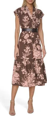Calvin Klein Belted A-Line Commuter Dress in Coffee Bean/Desert Rose Multi at Nordstrom Rack, Size 16