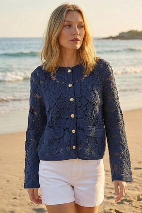 Roman Womens Crochet Knit Jacket - Blue - Size Medium