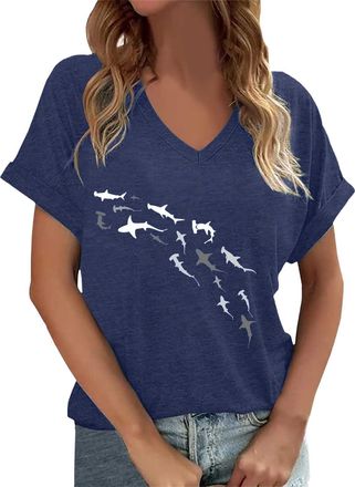 Generic Womens T-Shirts V-Neck Cute Shark Graphic Tee Shirt Cute Casual Summer Tops Short Sleeve Tees Navy