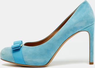 Ferragamo Light Blue Suede Vara Bow Platform Pumps