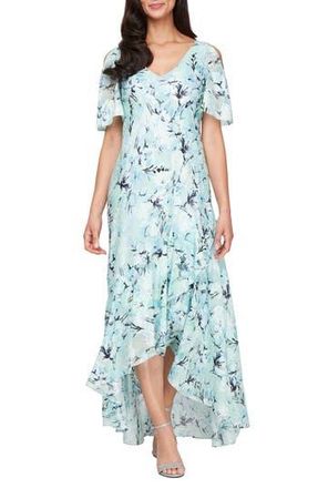 Alex Evenings Floral High-Low Chiffon Gown in Mint Multi at Nordstrom Rack, Size 14