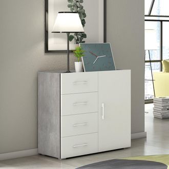 Terraneo Mueble Multiusos De 4 Cajones Con Puerta Y Bandeja, Cemento, Puertas Blancas, 90x41x87 Cm - Terraneo