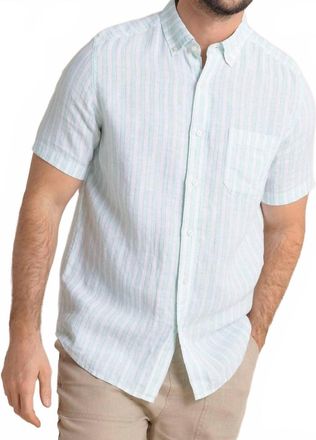 Southern Tide Crepe Myrtle Striped Linen Short Sleeve Button Down Shirt In Jade Green