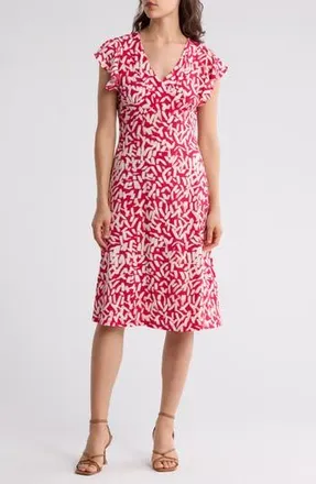 London Times Wrap Style Flutter Sleeve Dress in Rose Red/Cream at Nordstrom Rack, Size 12