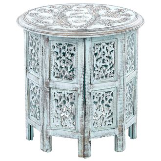 Beliani Mesa Auxiliar De Madera De Mango Azul Claro 45 Cm Retro Sala De Estar Borai