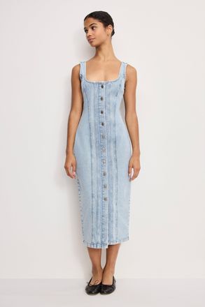 Good American Womens Button Front Midi Dress | Indigo, 1 Size Medium | Good American by Khlo&Egrave; Kardashian