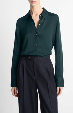 Vince Slim Fit Silk Blend Button-Up Shirt in Juniper at Nordstrom, Size Small