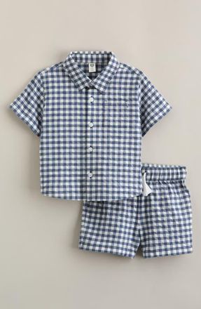 Nordstrom Seersucker Short Sleeve Button-Up Shirt & Drawstring Shorts Set in Blue Del Mar Gingham at Nordstrom, Size 12M