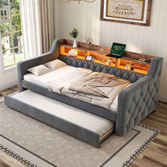 Direct Wicker Velvet Storage Sofa Bed with LED Ambiance & USB-C Port, 90x190 cm in Dark Grey | Size: Single