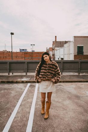 Le Lis Blanc Deux Faux-Fur Stripe Coat In Honey-Brown