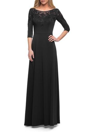 La Femme Jersey Mother of the Bride Gown with Lace Neckline in Black at Nordstrom, Size 12