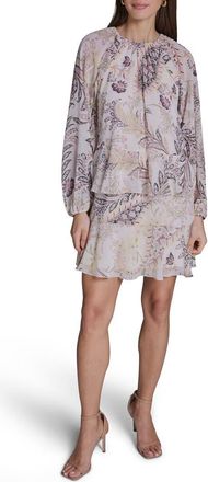 BCBGeneration Paisley Long Sleeve Tiered Minidress in Ecru/citron Zest Multi at Nordstrom, Size 14