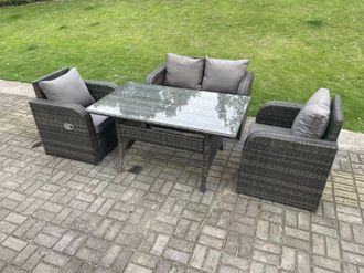 Fimous Dark Grey PE Rattan Garden Furniture Set Love Sofa Reclining Chair Outdoor Rectangular Dining Table 4 Seater