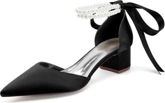 Generic Bridal Shoes Satin Womens Block Heel Wedding Shoes Pointed Toe Prom Party Dress Pumps 4.5Cm,Black,10 UK