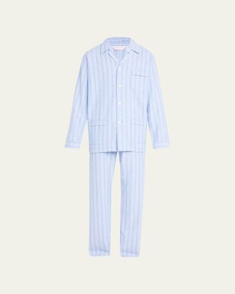 Derek Rose Mens Stripe Flannel 2-Piece Long Pajama Set