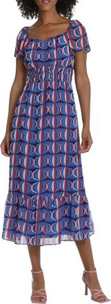 Maggy London Geometric Smocked Waist Midi Dress In Bright Blue